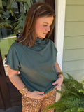 Solid Mock Neck Drop Shoulder Top in Slate Green