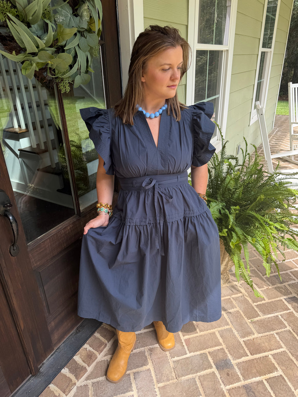 Flutter Sleeve Midi Dress in Navy