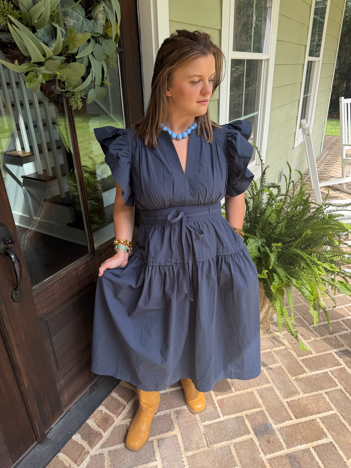 Flutter Sleeve Midi Dress in Navy
