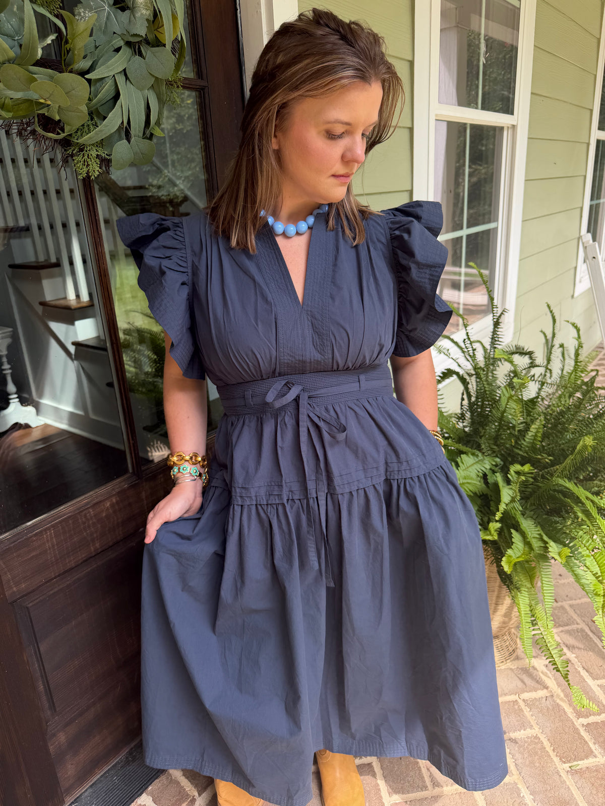Flutter Sleeve Midi Dress in Navy
