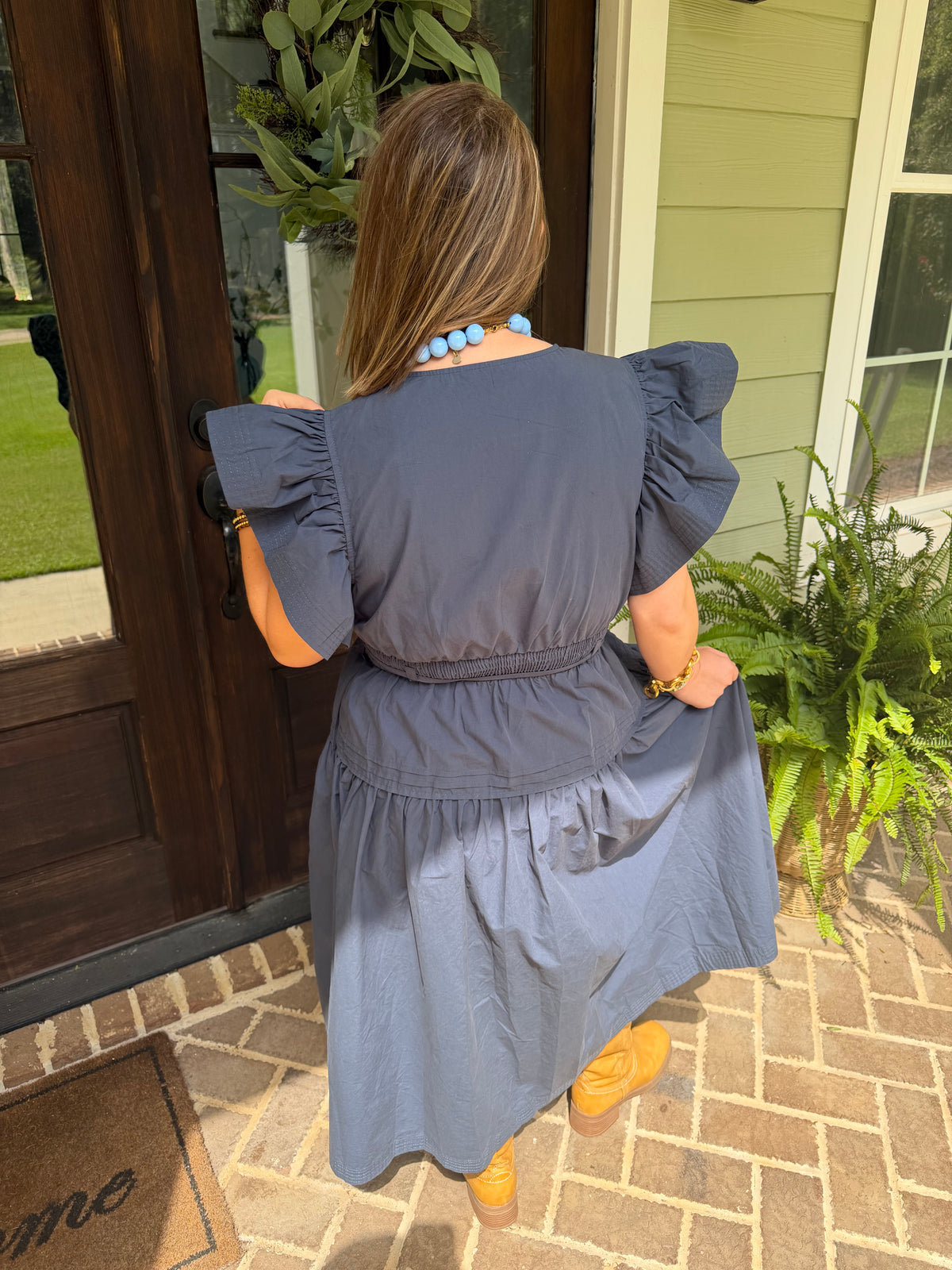 Flutter Sleeve Midi Dress in Navy