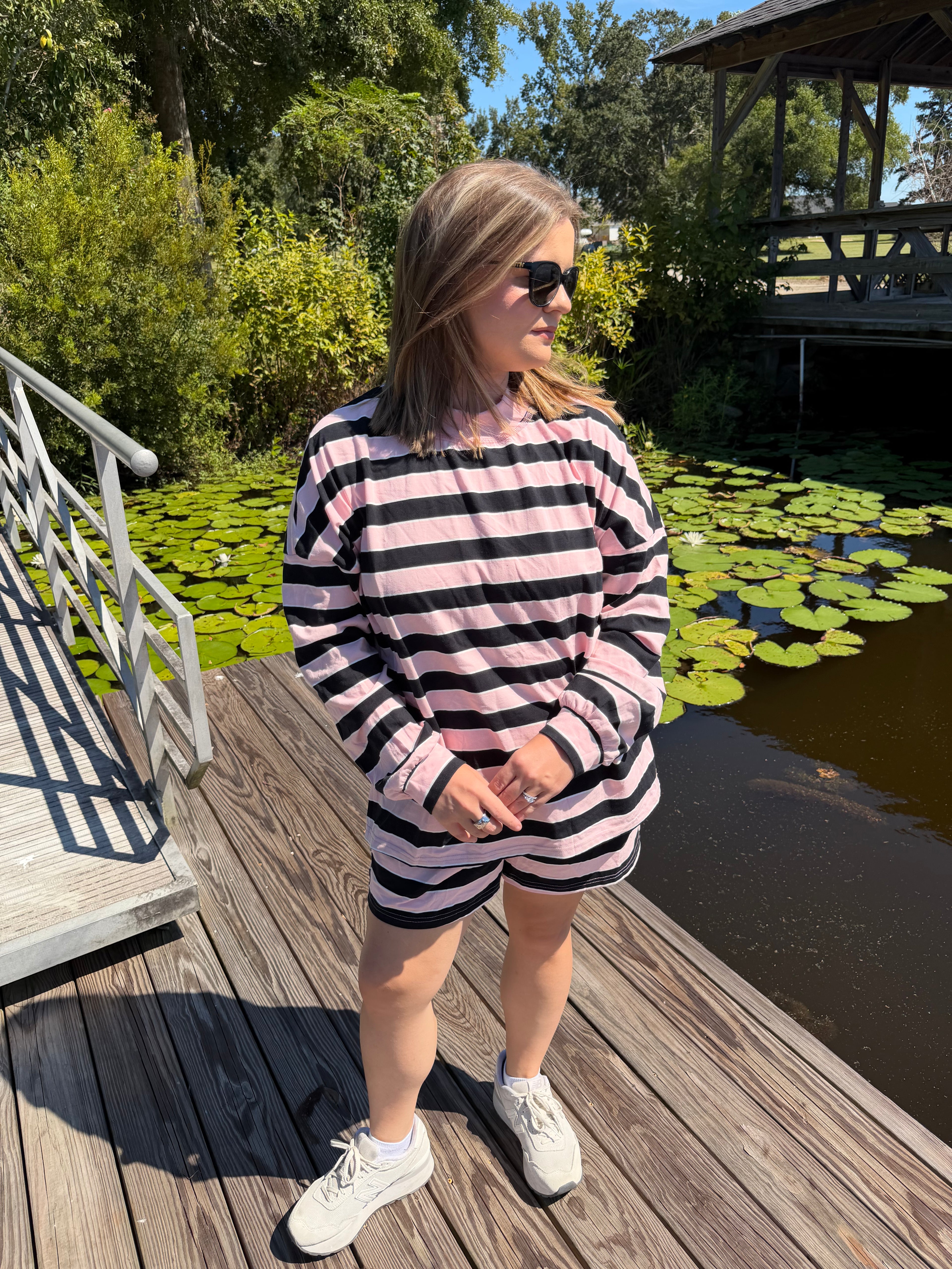 Striped Mock Neck Elastic Waist Shorts Set in Pink/Black