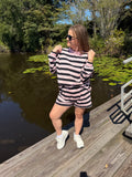 Striped Mock Neck Elastic Waist Shorts Set in Pink/Black