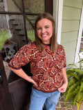 Paisley Pattern Short Sleeve Intarsia Knit Top in Brown Multicolor