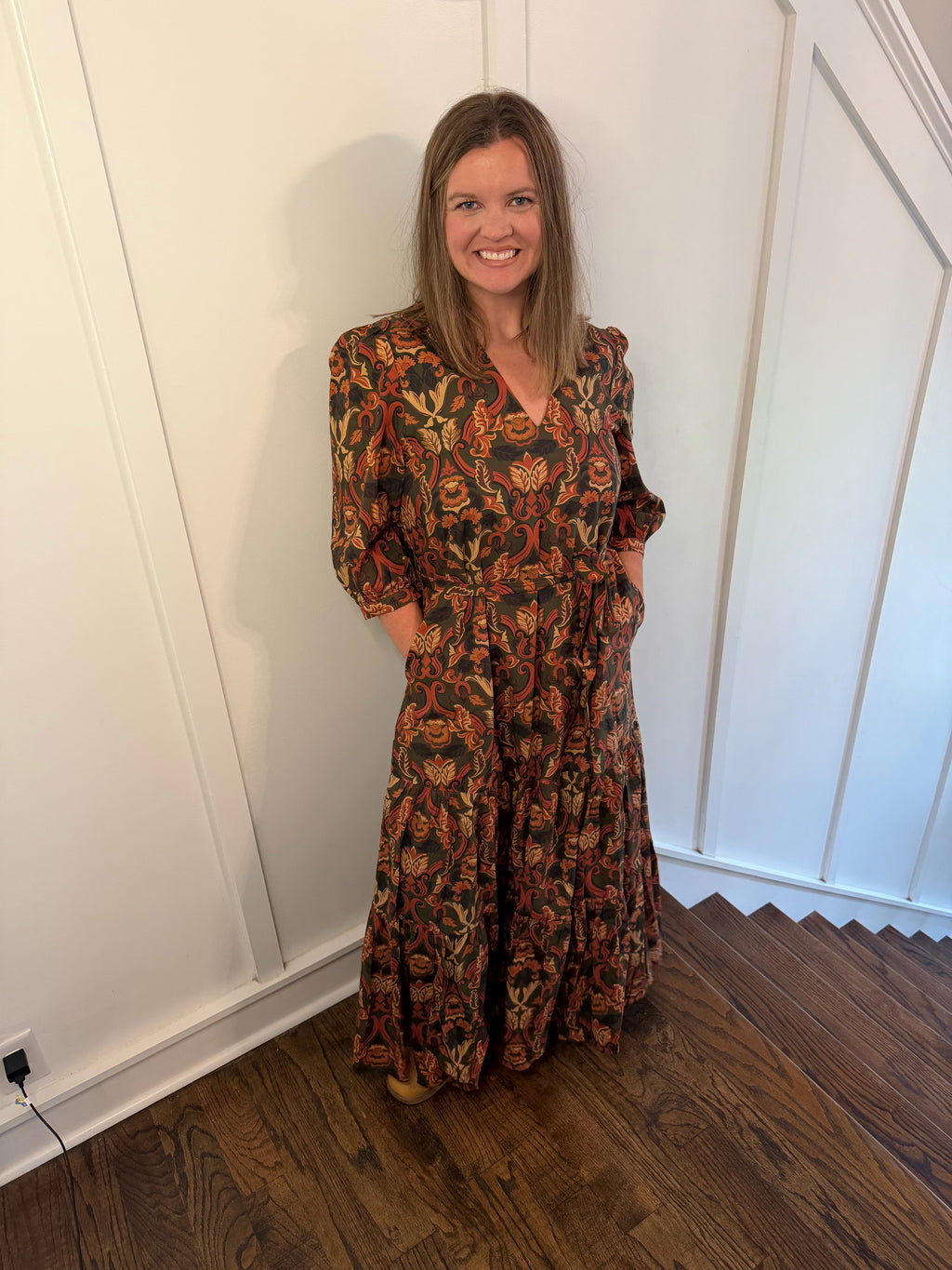 Paisley Floral Print Belted Tiered Maxi Dress in Olive