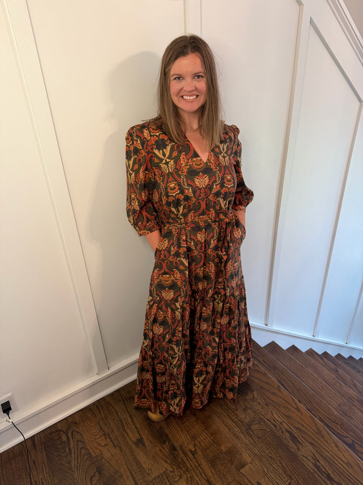 Paisley Floral Print Belted Tiered Maxi Dress in Olive