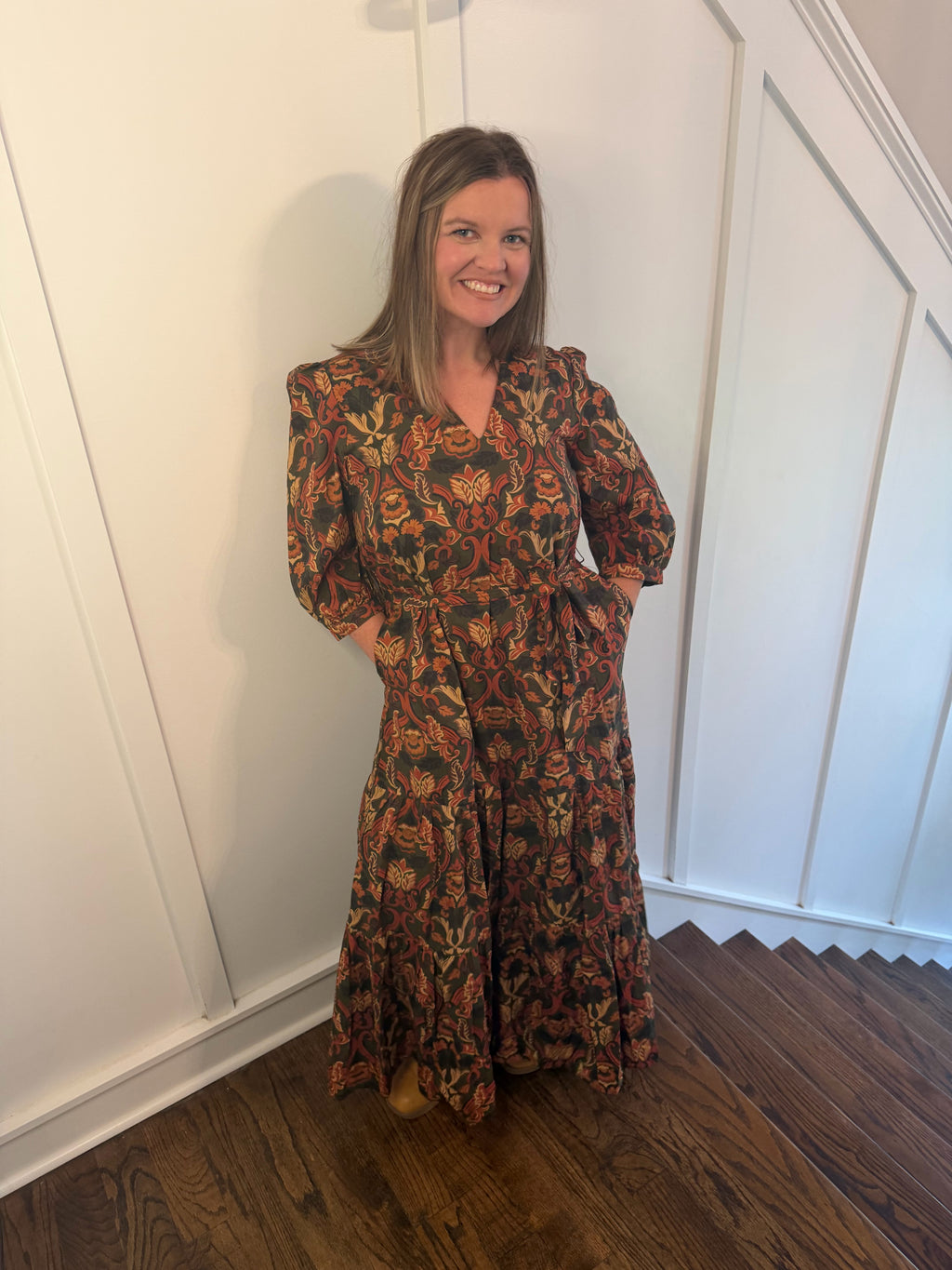 Paisley Floral Print Belted Tiered Maxi Dress in Olive